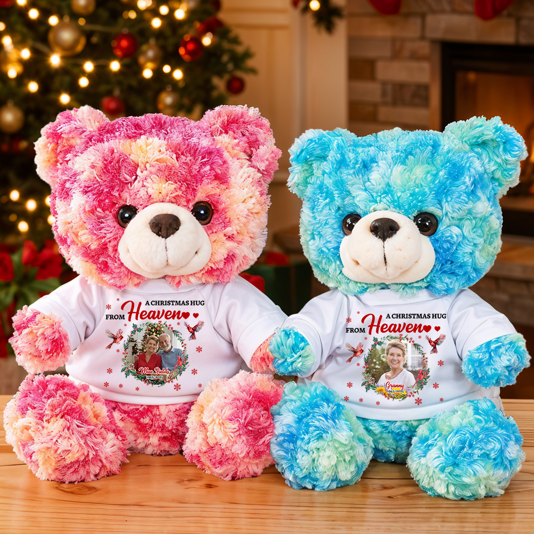A Christmas Hug From Heaven Custom Photos - Memorial Teddy Bear With Personalized Photo Shirt
