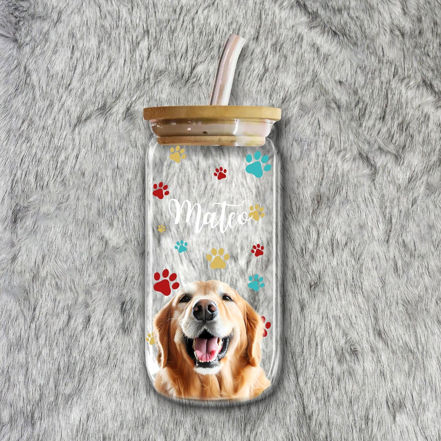 Colorful Heart & Paw Frosted Glass Bottle with Lid & Straw