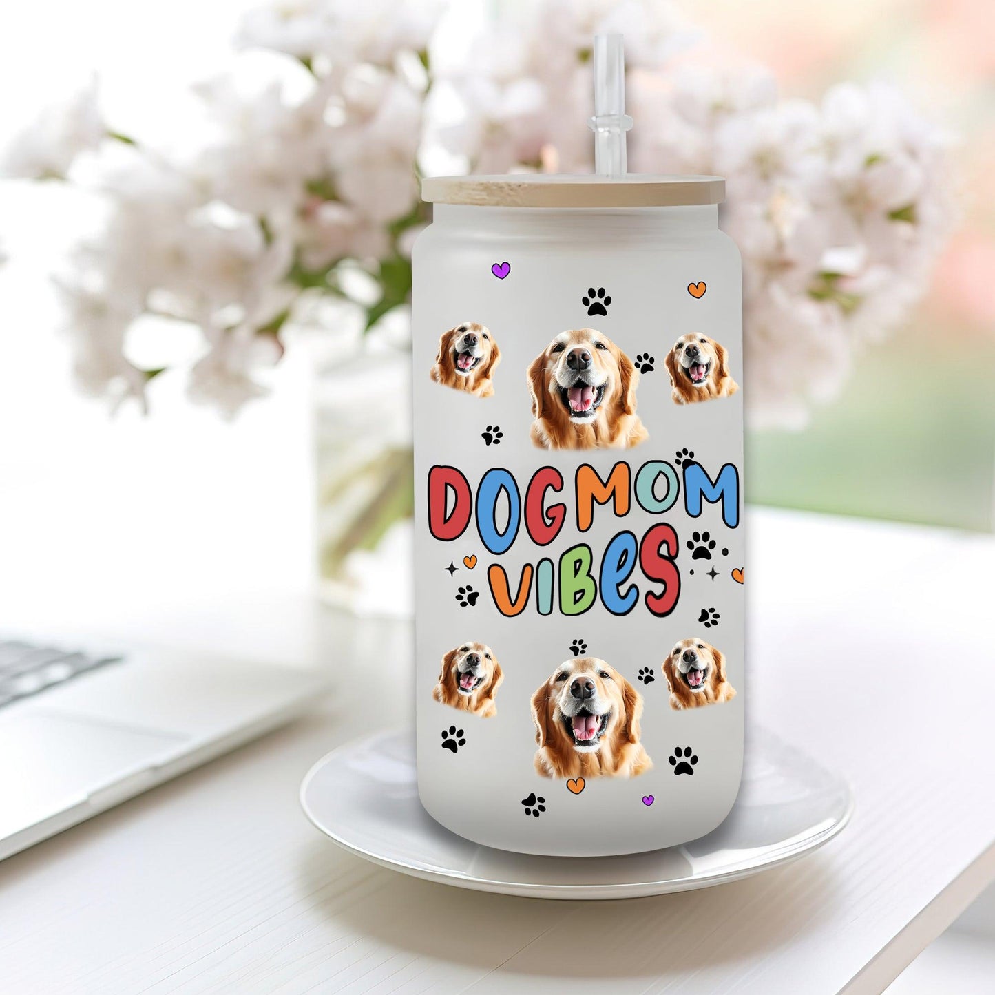 Dog Mom Vibes Frosted Glass Bottle with Lid & Straw, Personalized