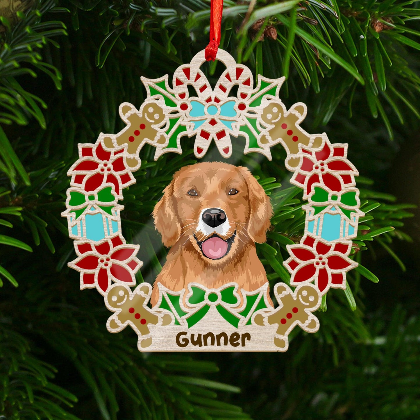 Wreath and Dog Holiday Ornament - Custom Shape Wood & Acrylic
