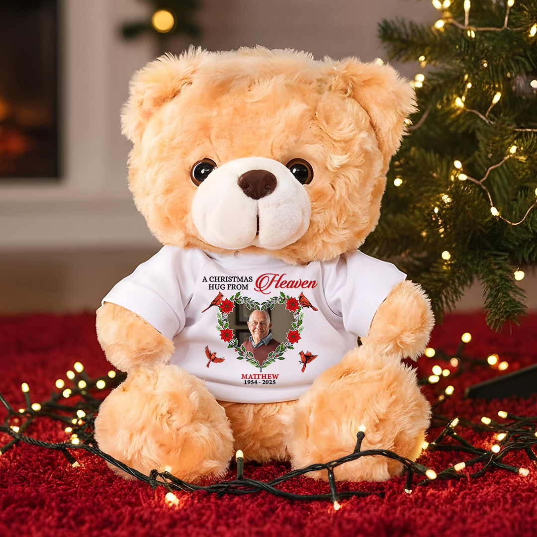 A Christmas Hug From Heaven Cardinal Roses - Teddy Bear With Personalized Photo Shirt