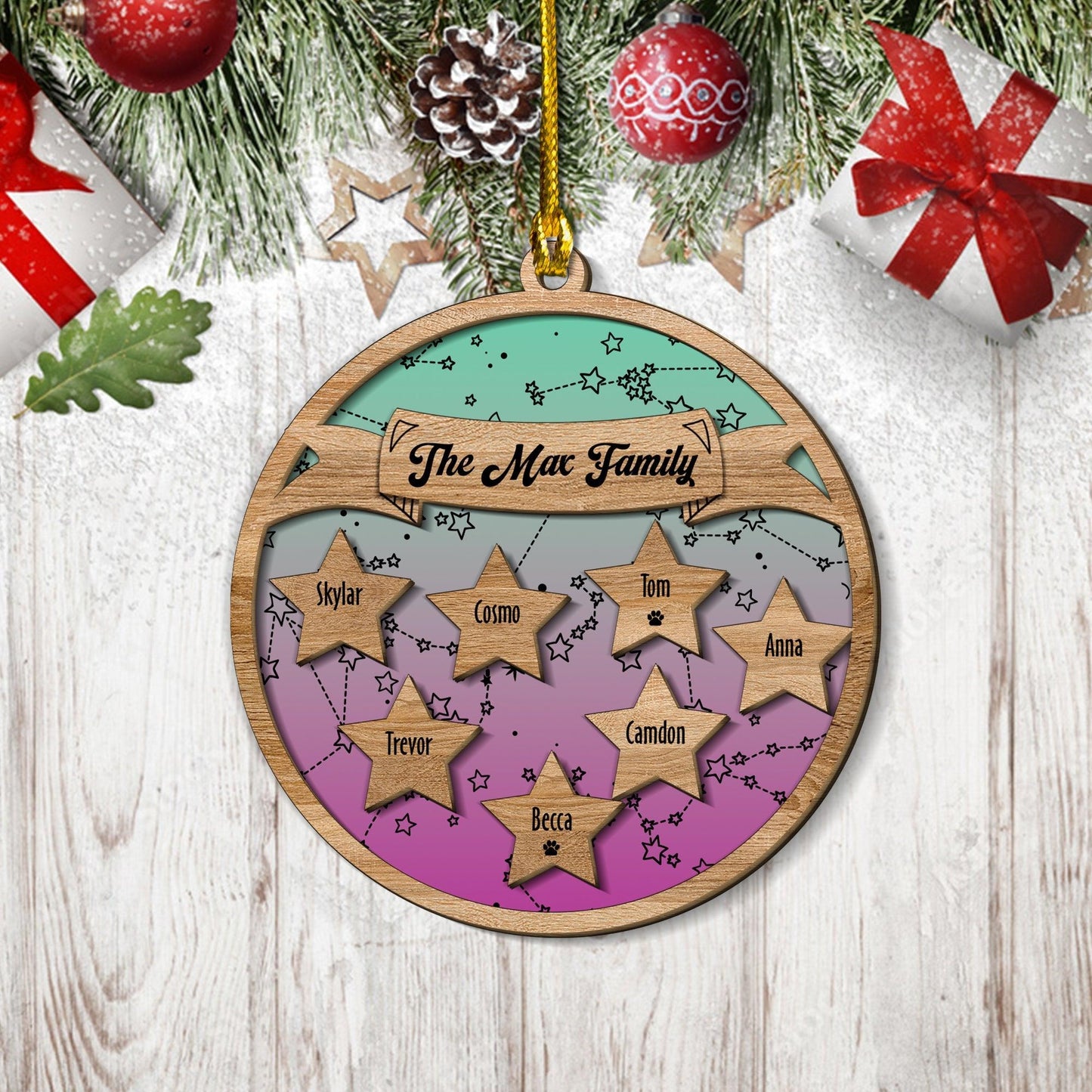 Star Sign Family Name Ornament - Wood Ornament 2 Layered