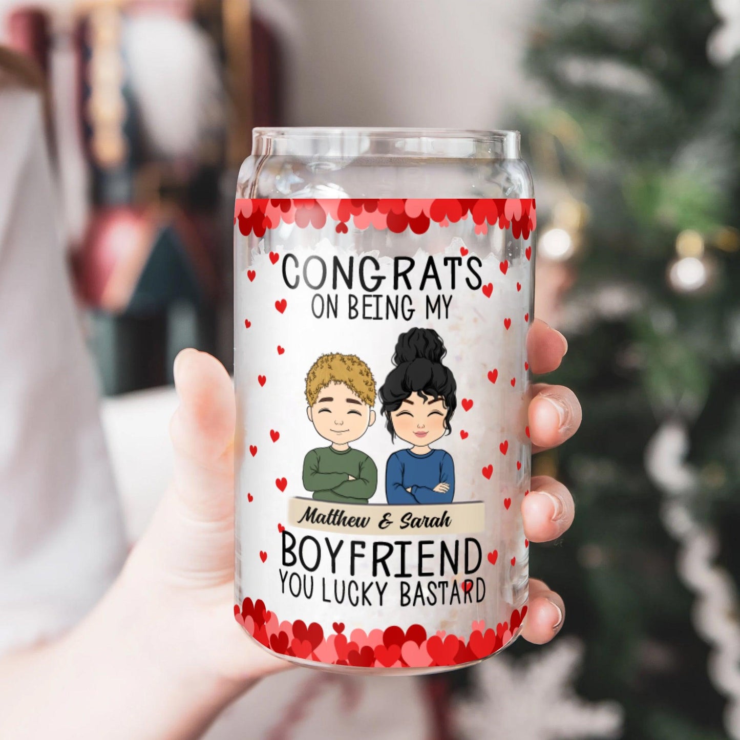 Congrats Boyfriend Glass Bottle – Personalized with Lid & Straw