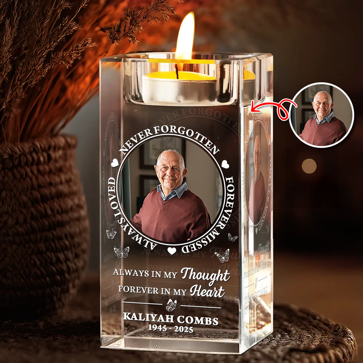 Personalized Memorial Crystal Candle Holder with Photo - Always in My Thought