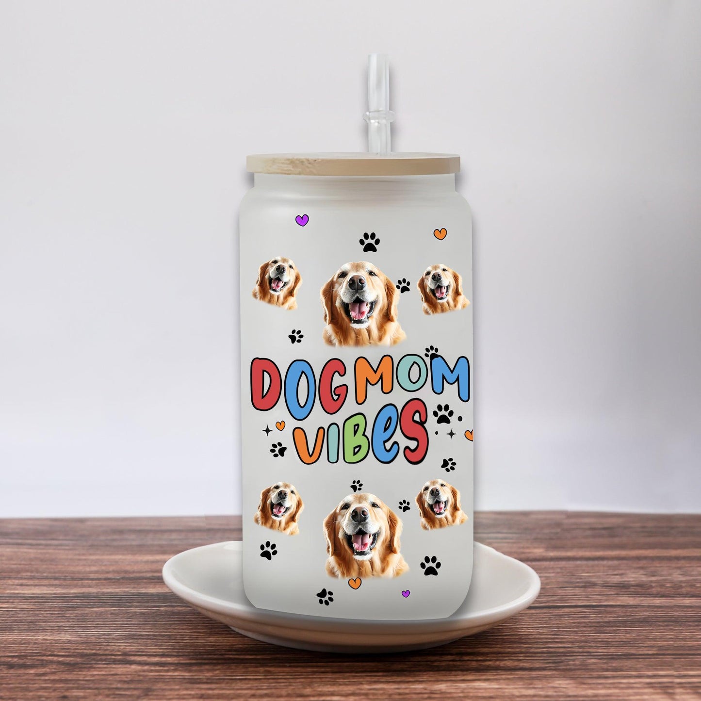 Dog Mom Vibes Frosted Glass Bottle with Lid & Straw, Personalized