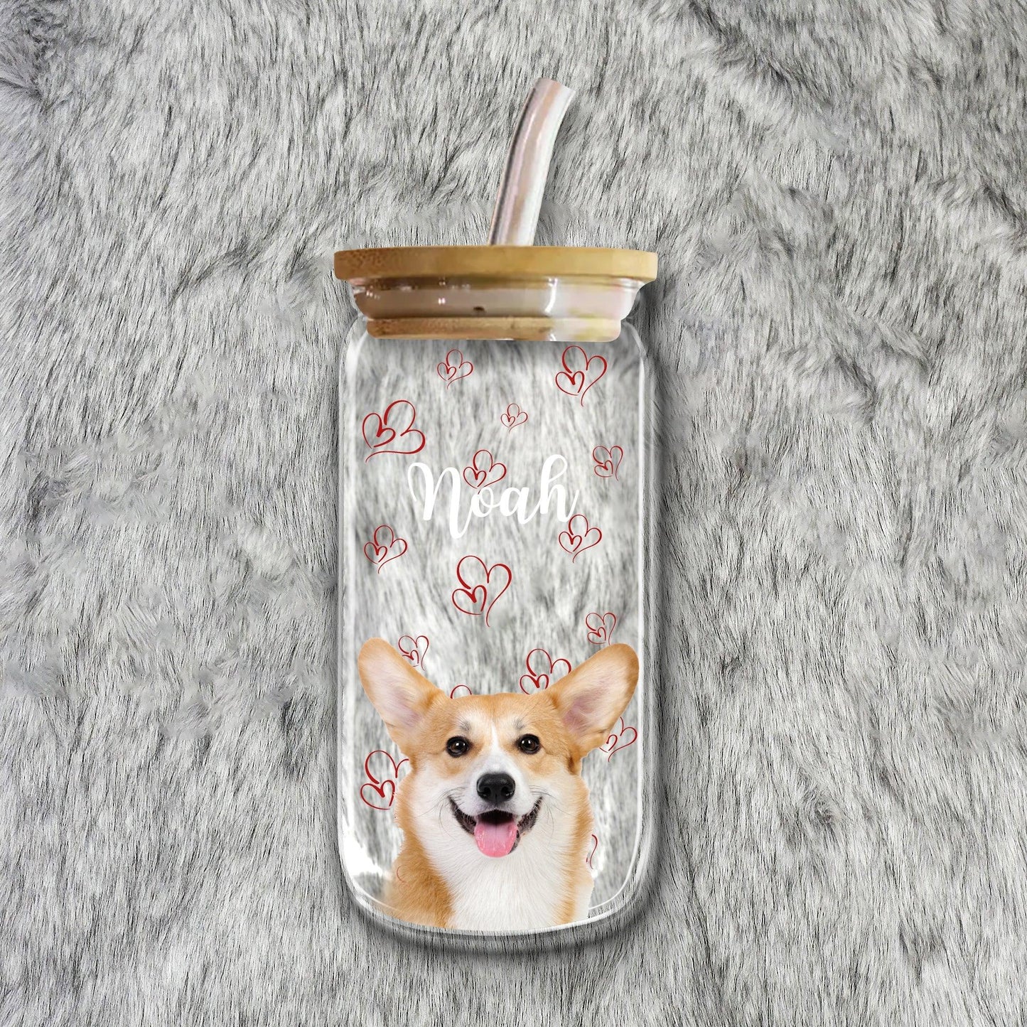 Colorful Heart & Paw Frosted Glass Bottle with Lid & Straw