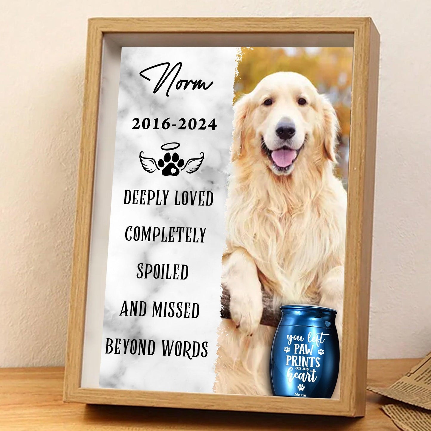 Custom Memorial Photo Frame - Mini Urn for Ashes - Pawprints Heart