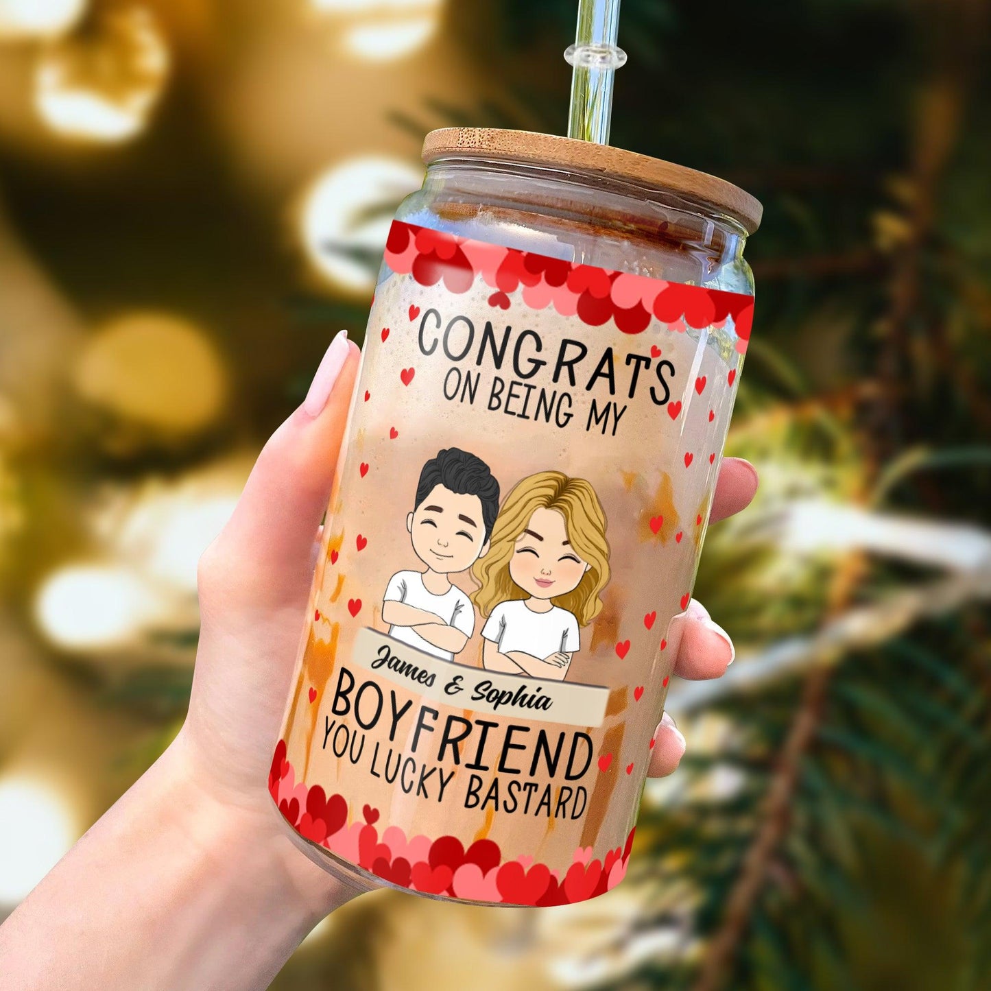 Congrats Boyfriend Glass Bottle – Personalized with Lid & Straw