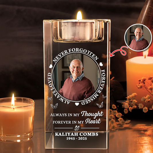 Personalized Memorial Crystal Candle Holder with Photo - Always in My Thought