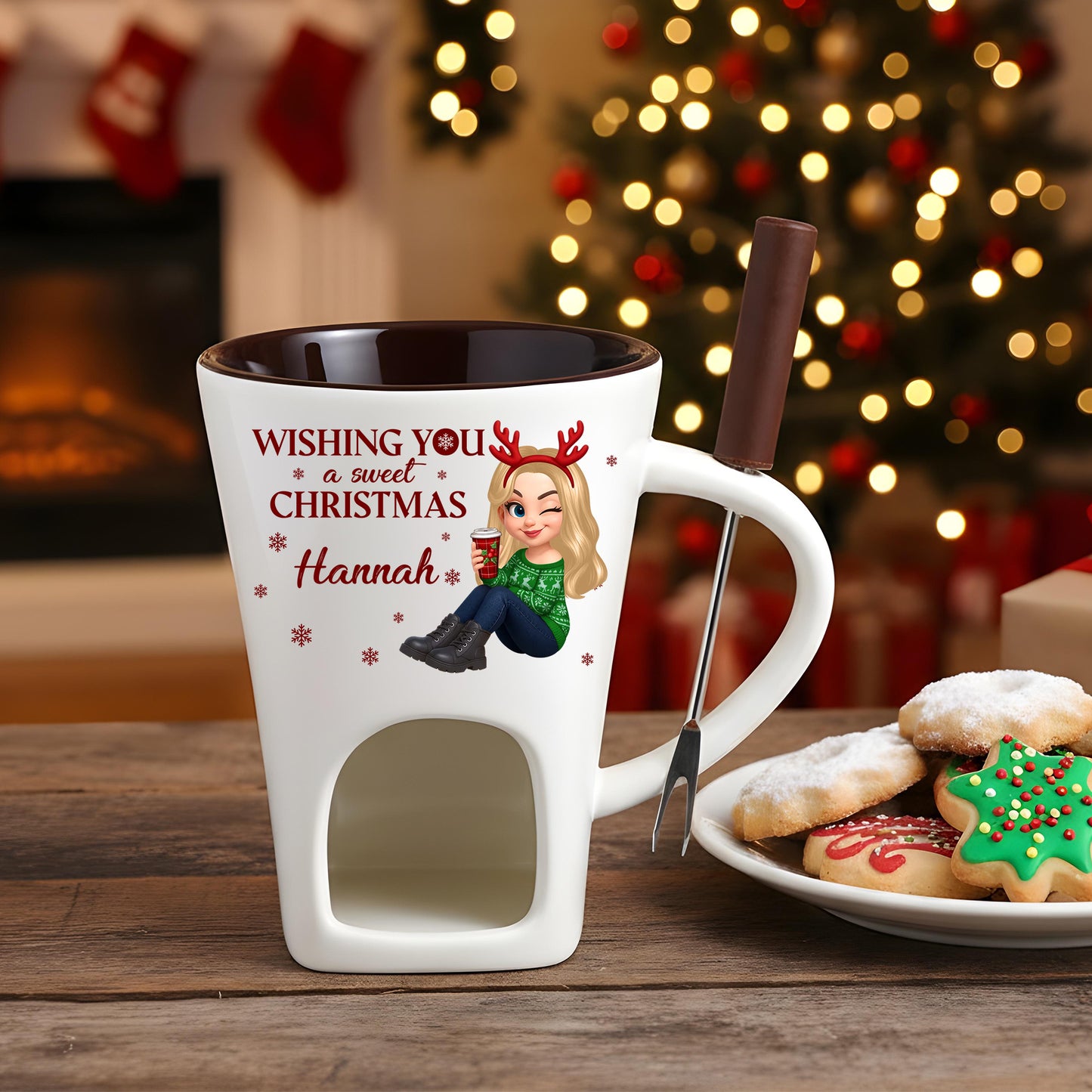 Personalized Cartoon Hot Chocolate Fondue Mug – Custom Coffee Mug, Unique Christmas Gift