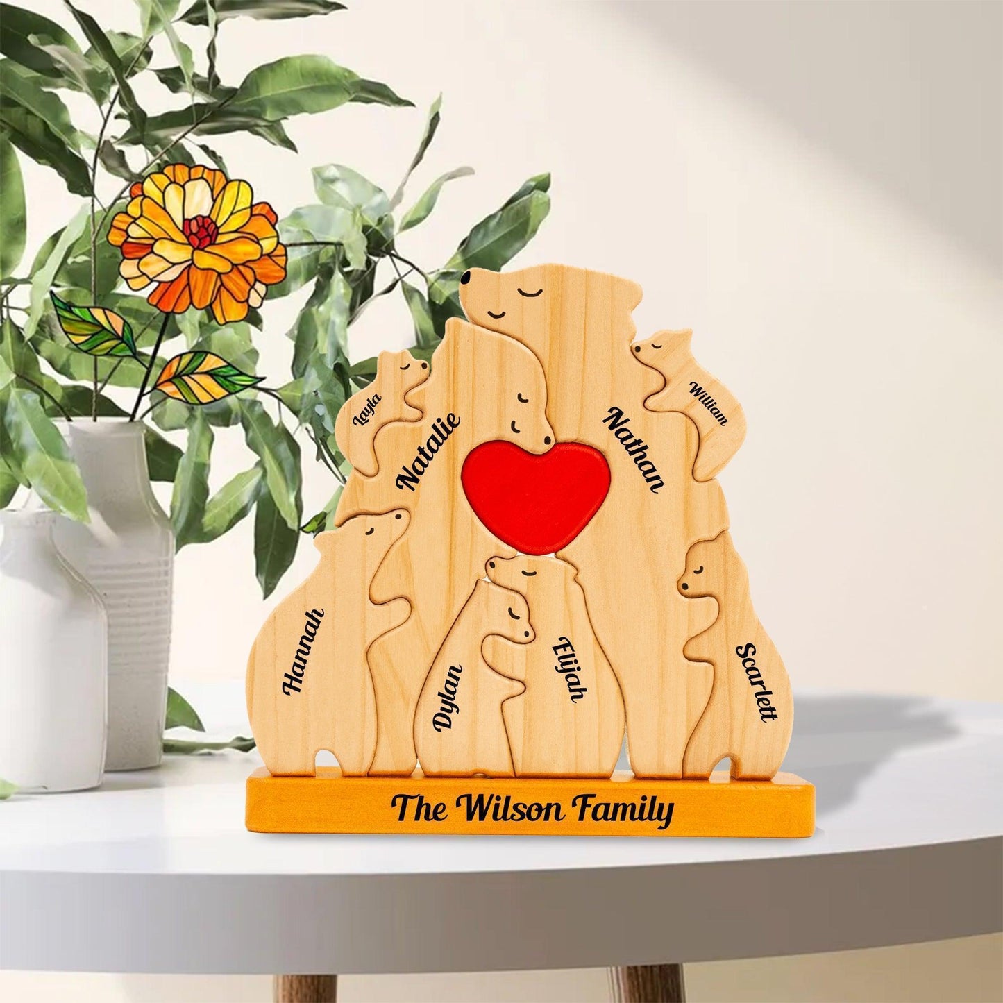 Personalized Wooden Bears Family with Hearts - Pet Carvings