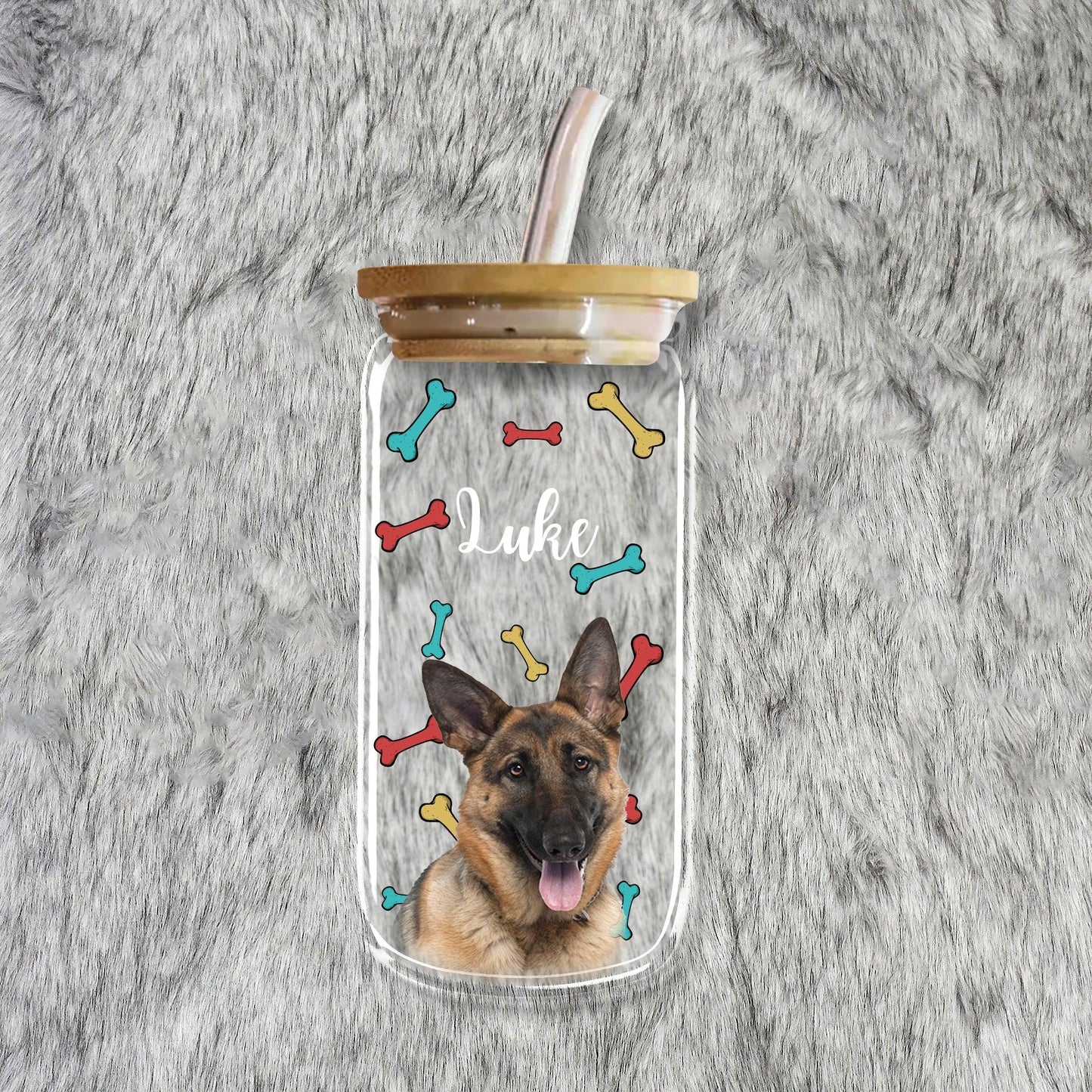 Colorful Heart & Paw Frosted Glass Bottle with Lid & Straw
