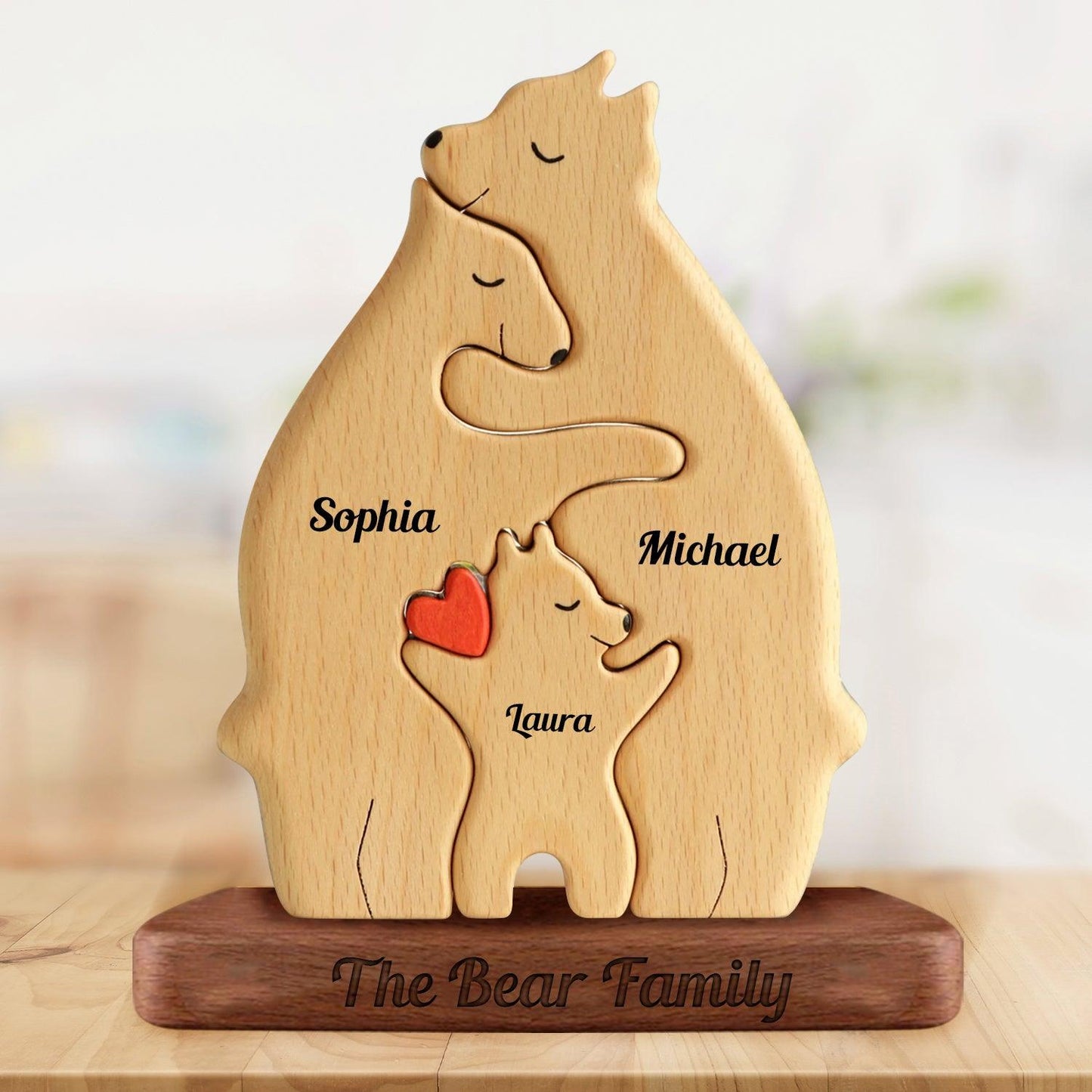 Personalized Wooden Bears Family with Hearts - Pet Carvings