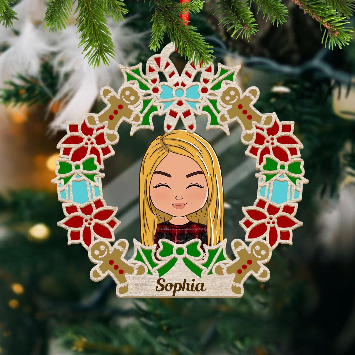 Wreath Family Holiday Ornament - Custom Shape Wood & Acrylic