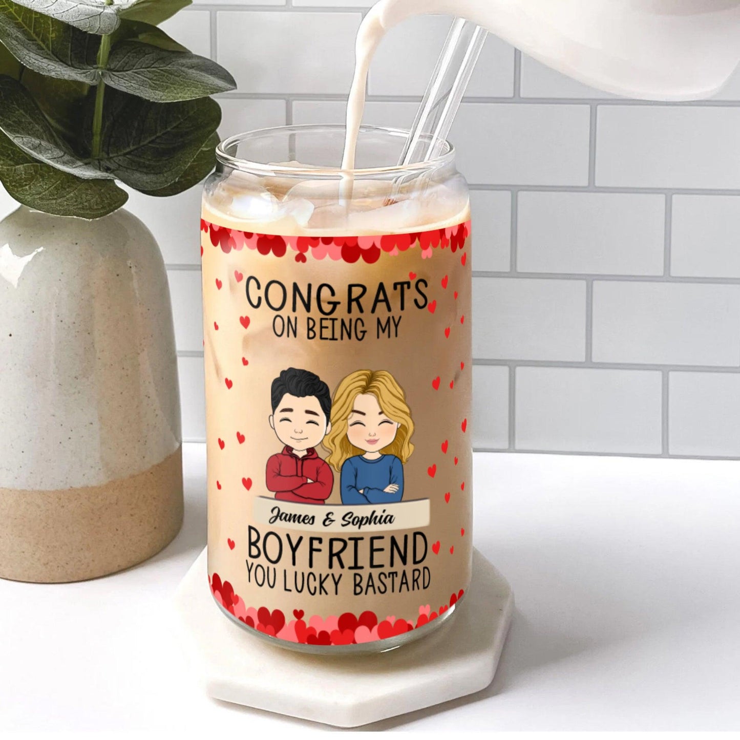 Congrats Boyfriend Glass Bottle – Personalized with Lid & Straw