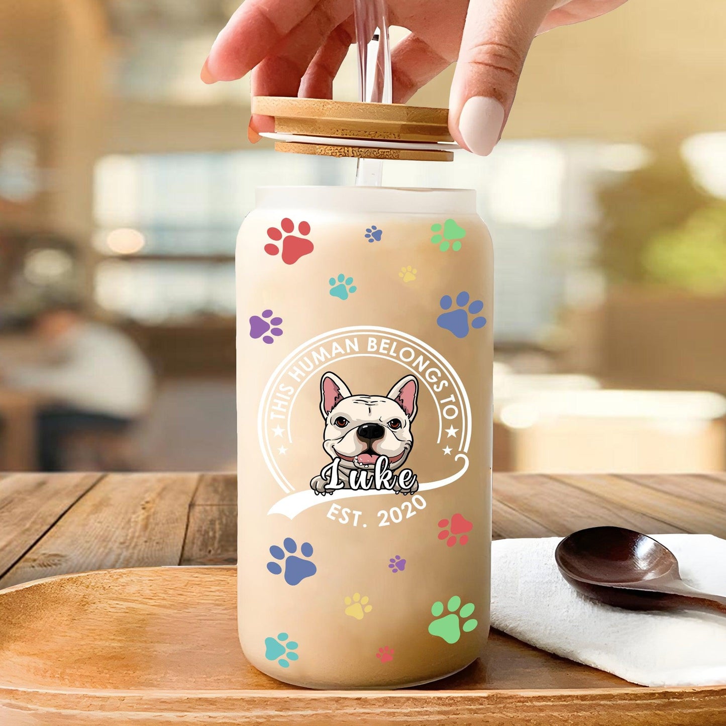 This Human Belongs to Dog/Cat" Frosted Bottle with Lid & Straw