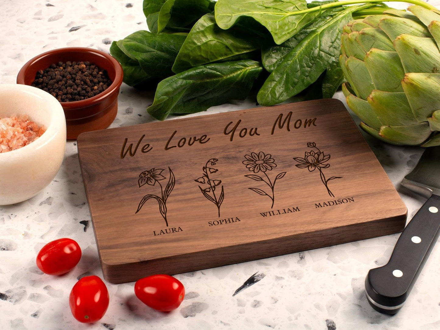 Personalized Mom Gifts - Cutting Board, Birth Flower Design