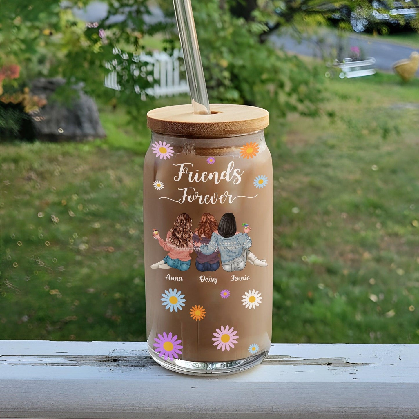 Personalized Friends Forever Glass Cup With Straw & Lid