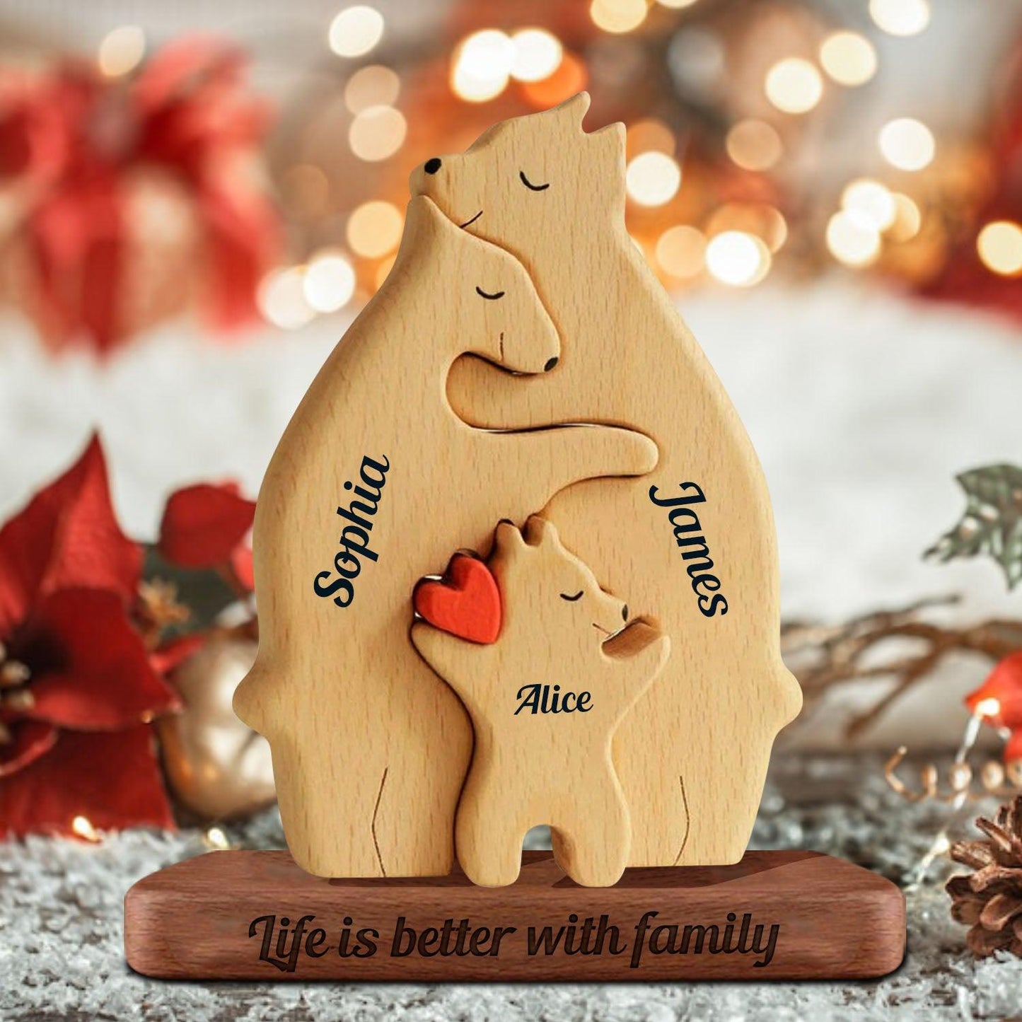 Personalized Wooden Bears Family with Hearts - Pet Carvings