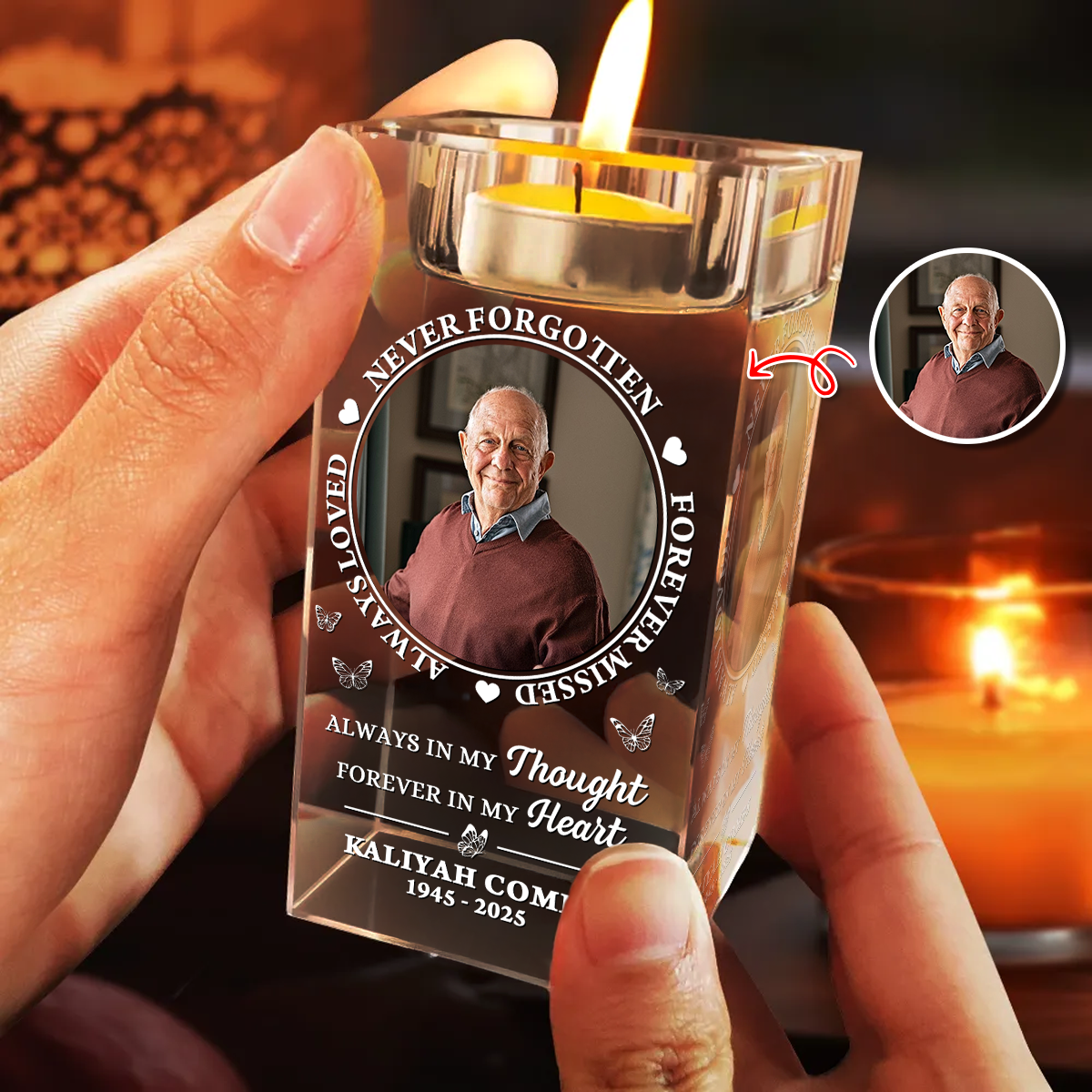 Personalized Memorial Crystal Candle Holder with Photo - Always in My Thought
