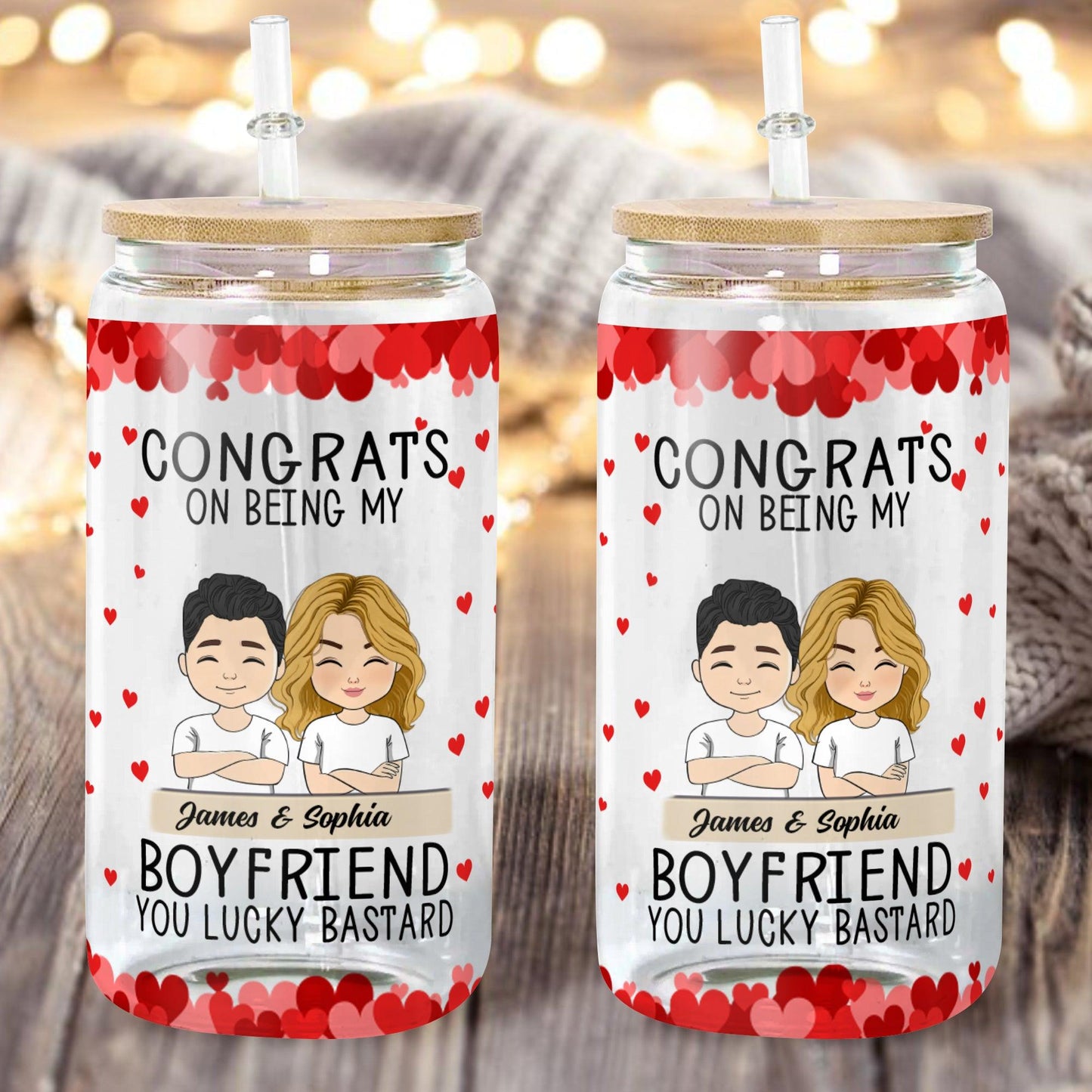 Congrats Boyfriend Glass Bottle – Personalized with Lid & Straw