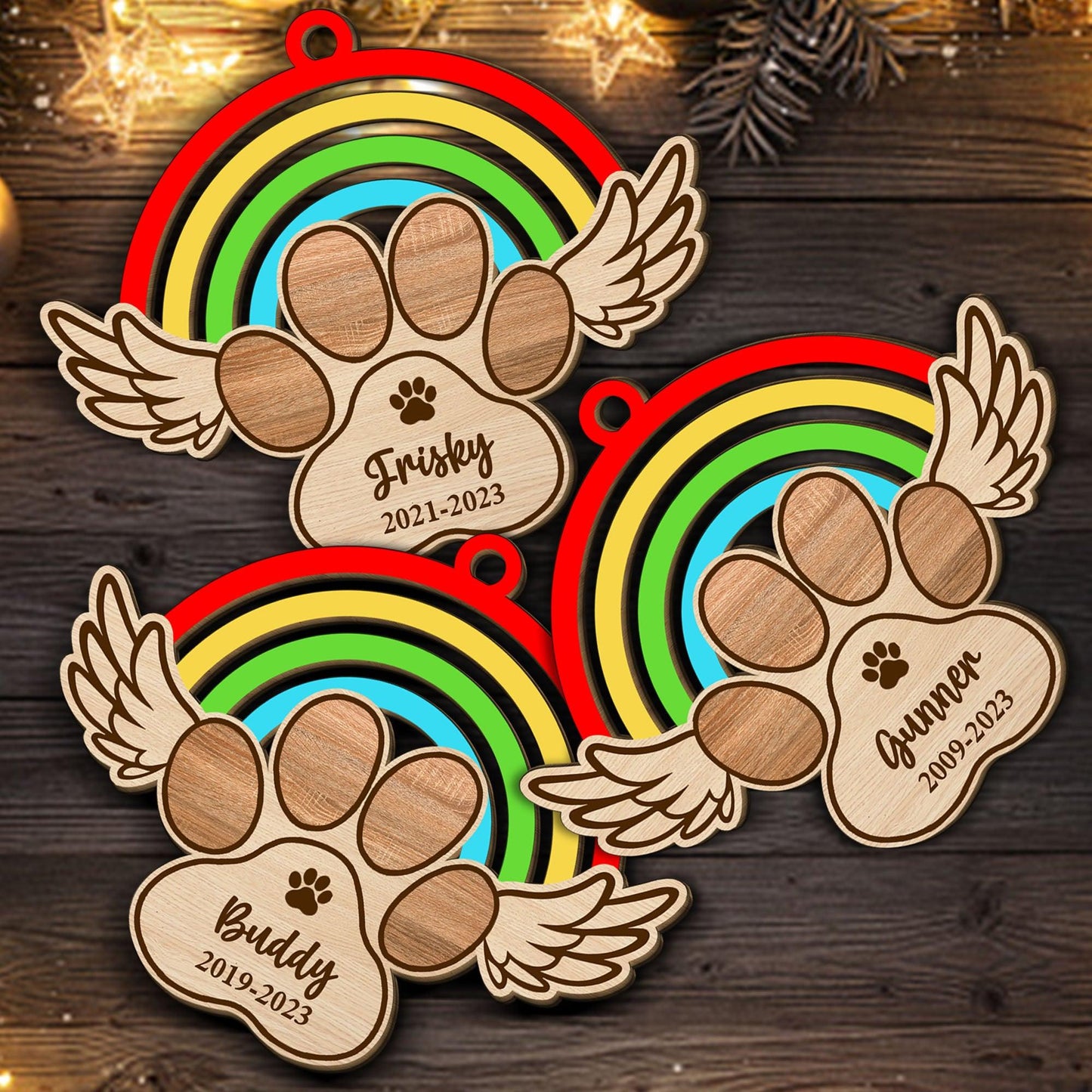 Memorial Rainbow Paw Christmas Ornament - 1 Layered Wood Ornament