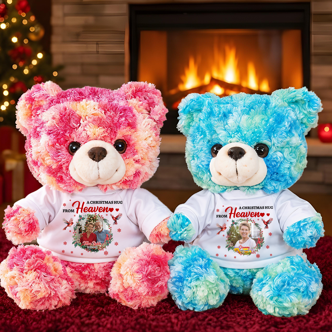 A Christmas Hug From Heaven Custom Photos - Memorial Teddy Bear With Personalized Photo Shirt