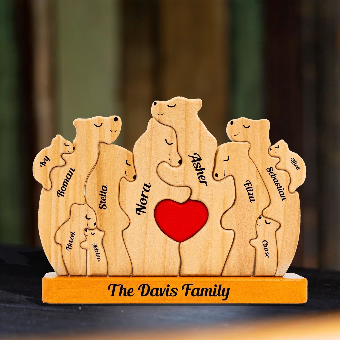 Personalized Wooden Bears Family with Hearts - Pet Carvings
