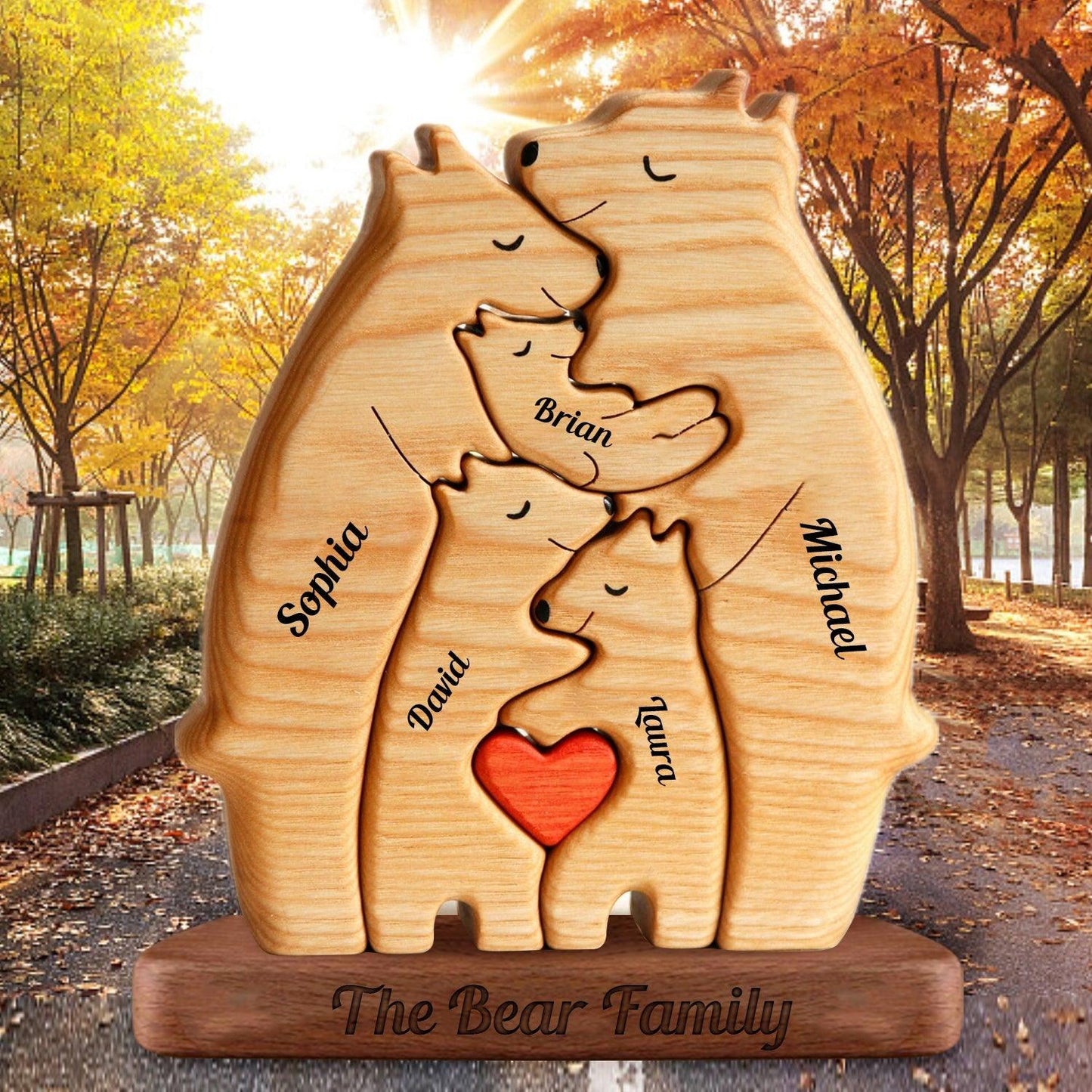 Personalized Wooden Bears Family with Hearts - Pet Carvings