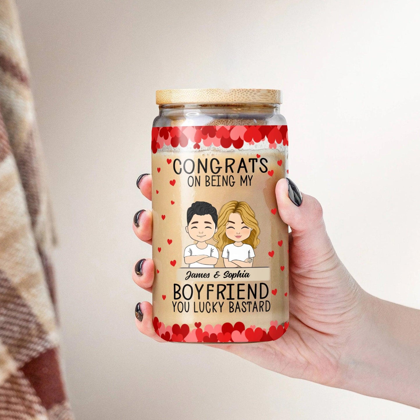 Congrats Boyfriend Glass Bottle – Personalized with Lid & Straw