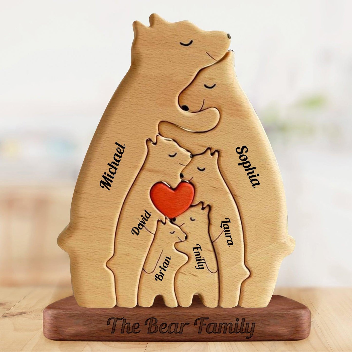 Personalized Wooden Bears Family with Hearts - Pet Carvings