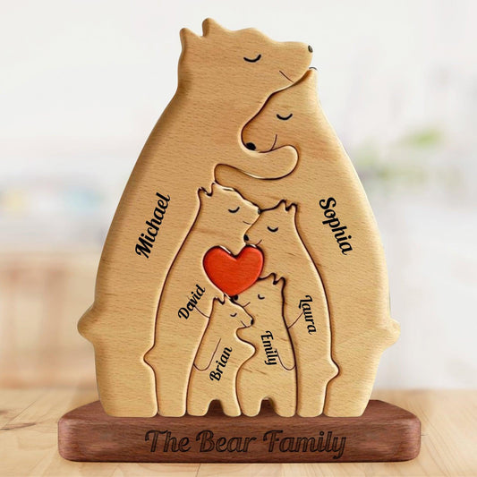 Personalized Wooden Bears Family with Hearts - Pet Carvings
