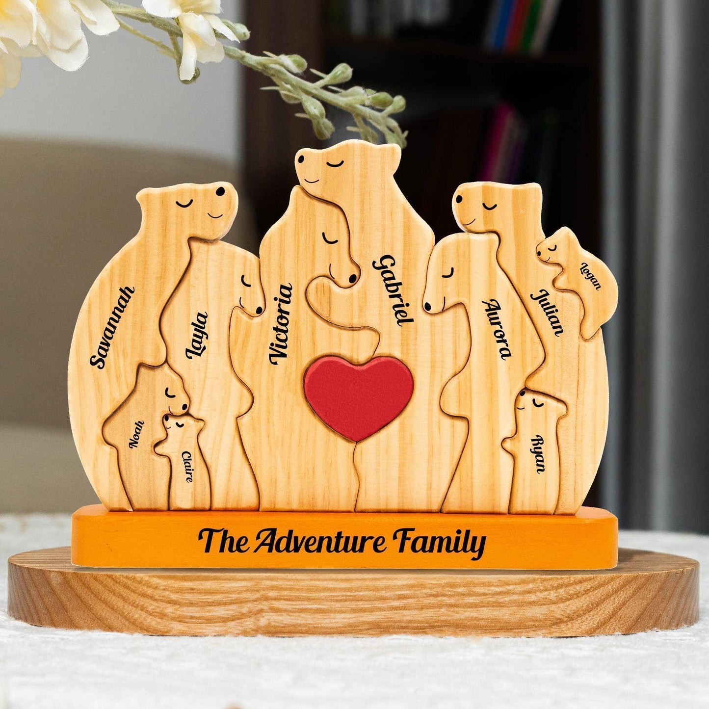 Personalized Wooden Bears Family with Hearts - Pet Carvings