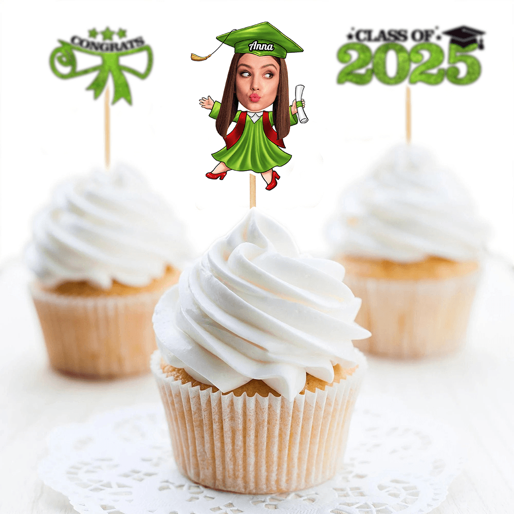 Custom Face Class of 2025 Cupcake Toppers, Graduation Decorations - Cake Topper Only Paper