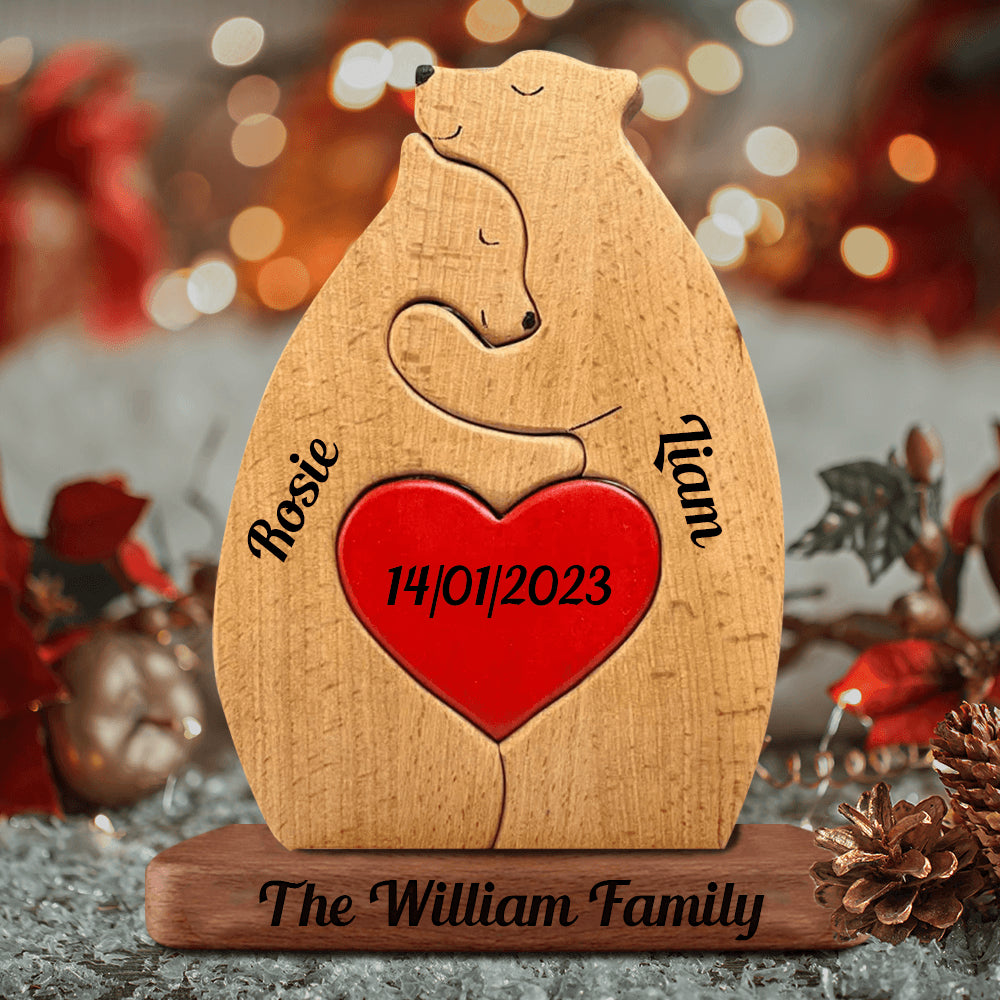 Personalized Wooden Bears Family with Hearts - Pet Carvings