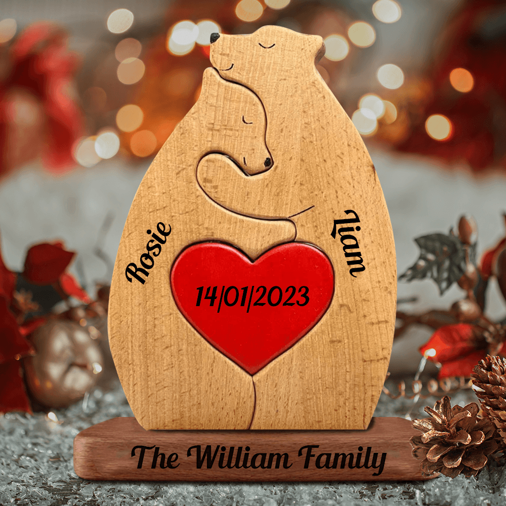 Personalized Wooden Bears Family with Hearts - Pet Carvings