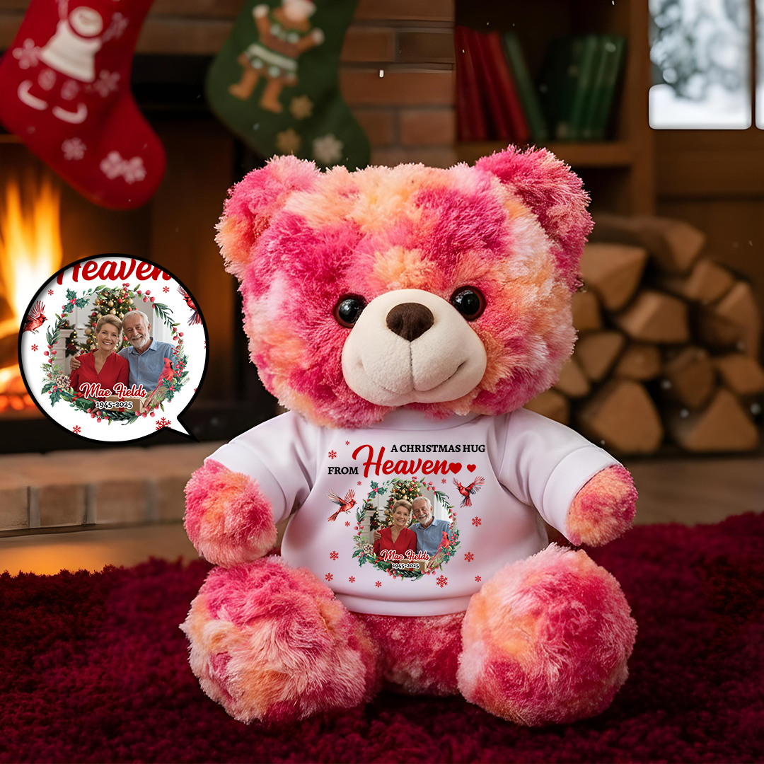 A Christmas Hug From Heaven Custom Photos - Memorial Teddy Bear With Personalized Photo Shirt
