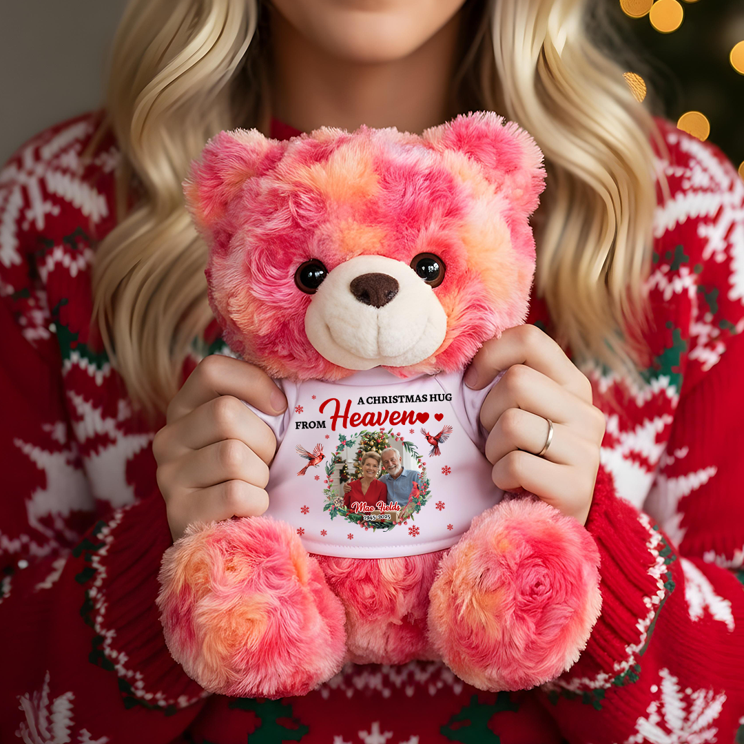 A Christmas Hug From Heaven Custom Photos - Memorial Teddy Bear With Personalized Photo Shirt