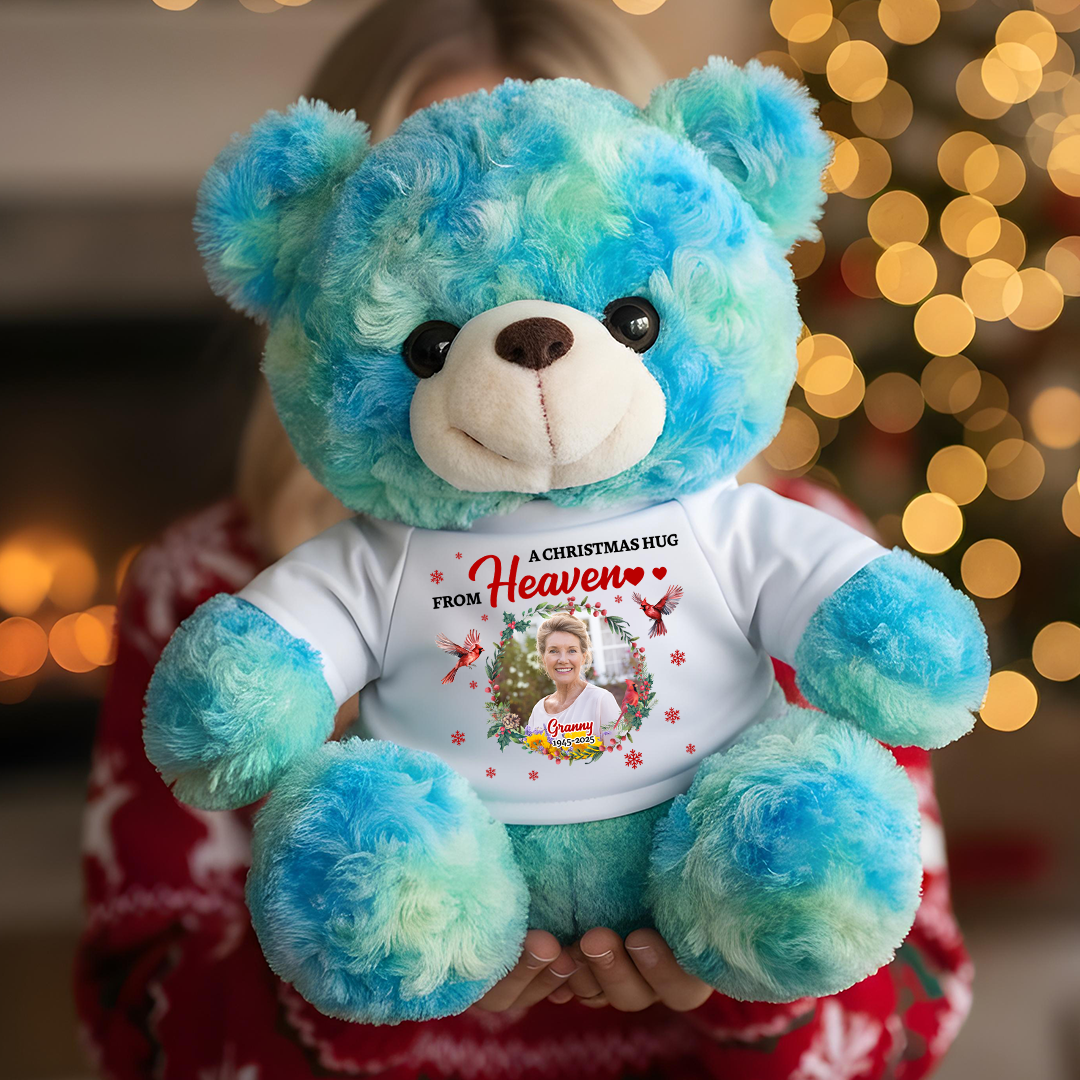 A Christmas Hug From Heaven Custom Photos - Memorial Teddy Bear With Personalized Photo Shirt