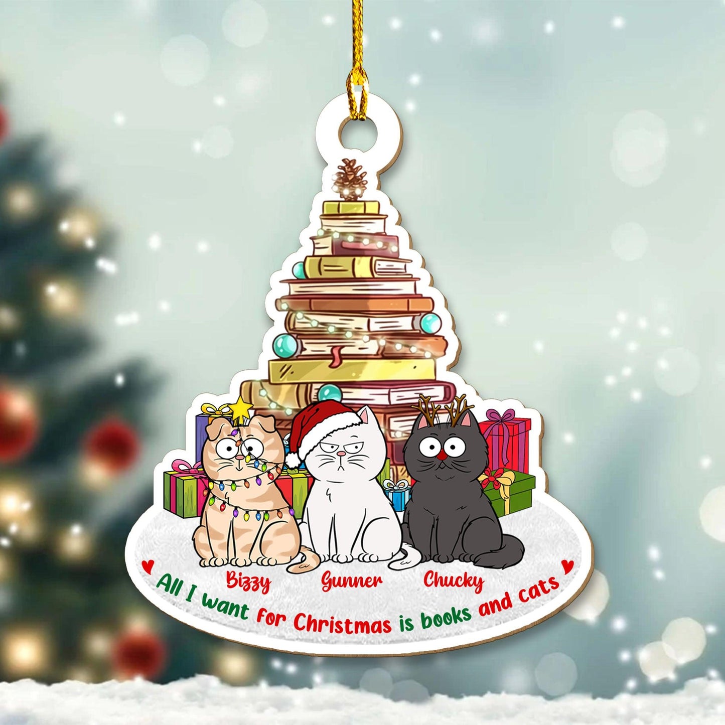 Cats And Books Christmas Ornament - Custom Shape Wood Ornament Gift