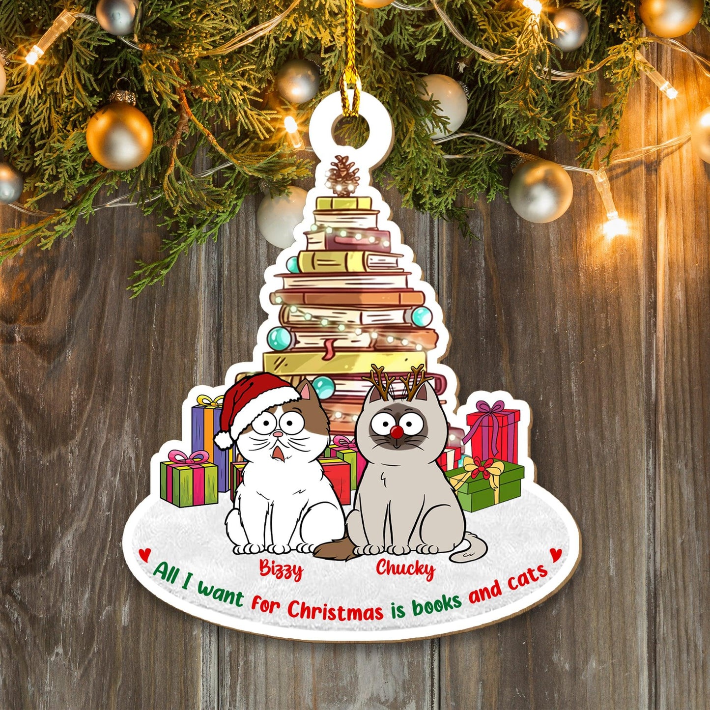 Cats And Books Christmas Ornament - Custom Shape Wood Ornament Gift