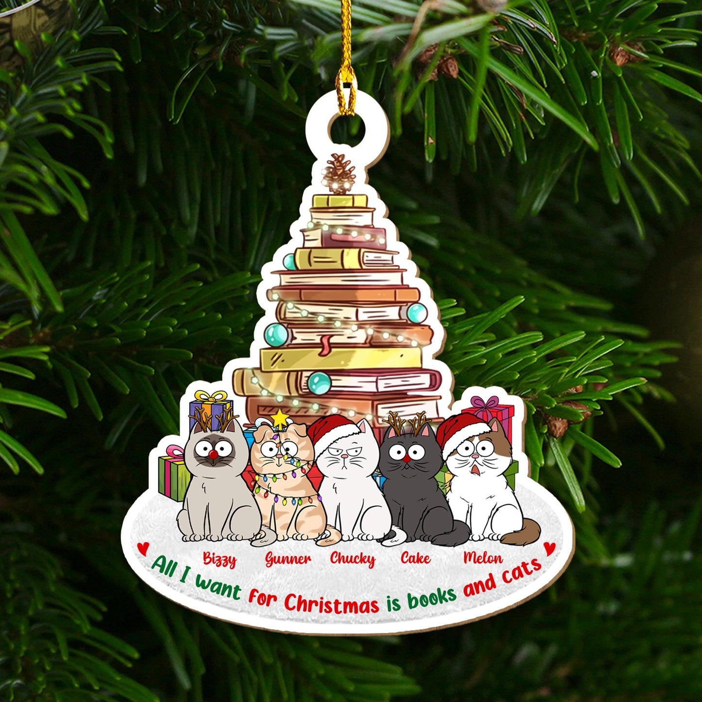 Cats And Books Christmas Ornament - Custom Shape Wood Ornament Gift