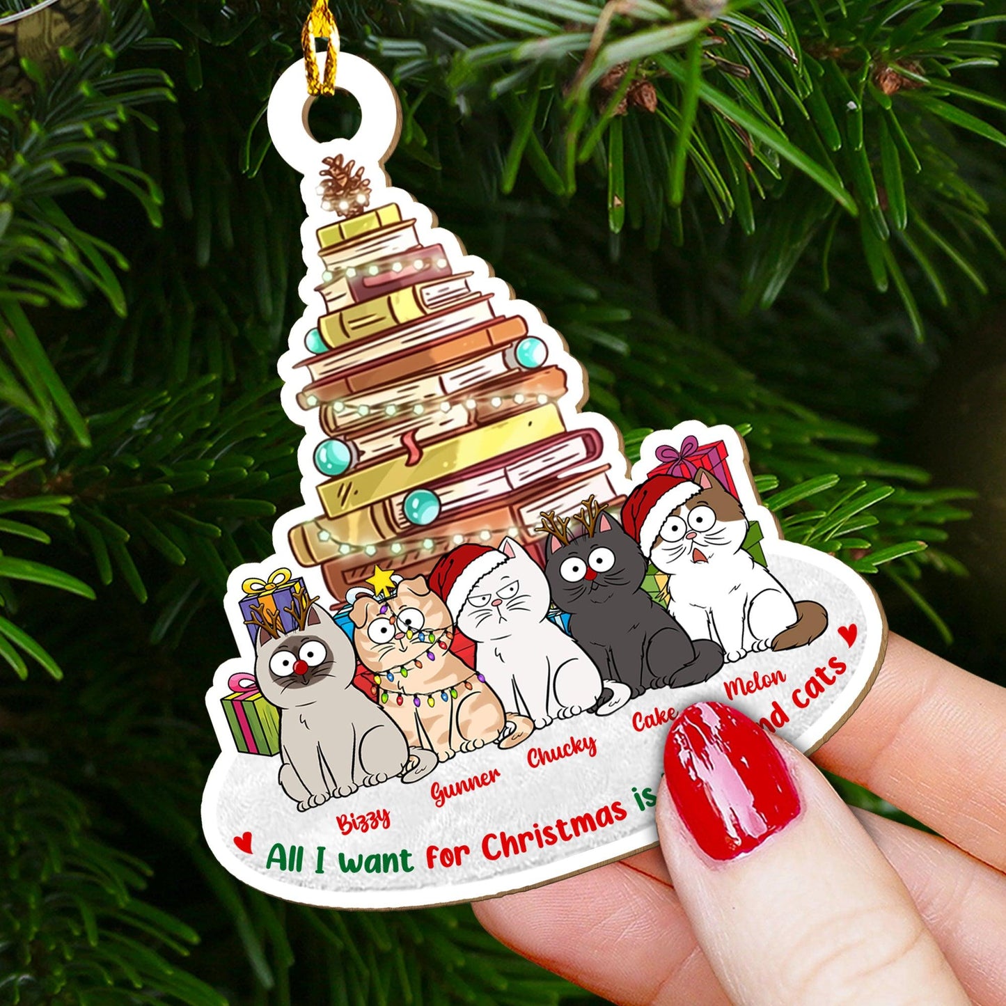 Cats And Books Christmas Ornament - Custom Shape Wood Ornament Gift