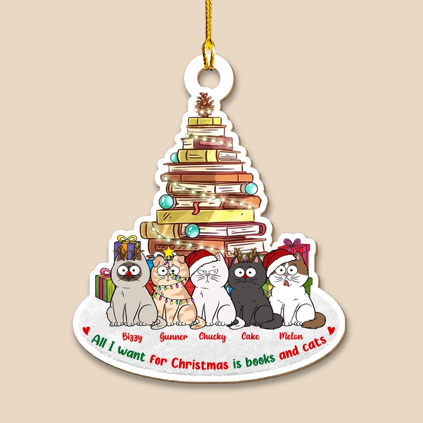 Cats And Books Christmas Ornament - Custom Shape Wood Ornament Gift