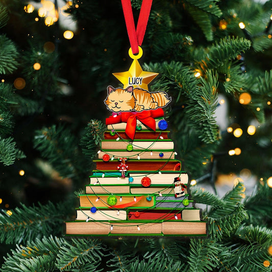 Cat And Book Tree Christmas Ornament - Custom Wood Ornament