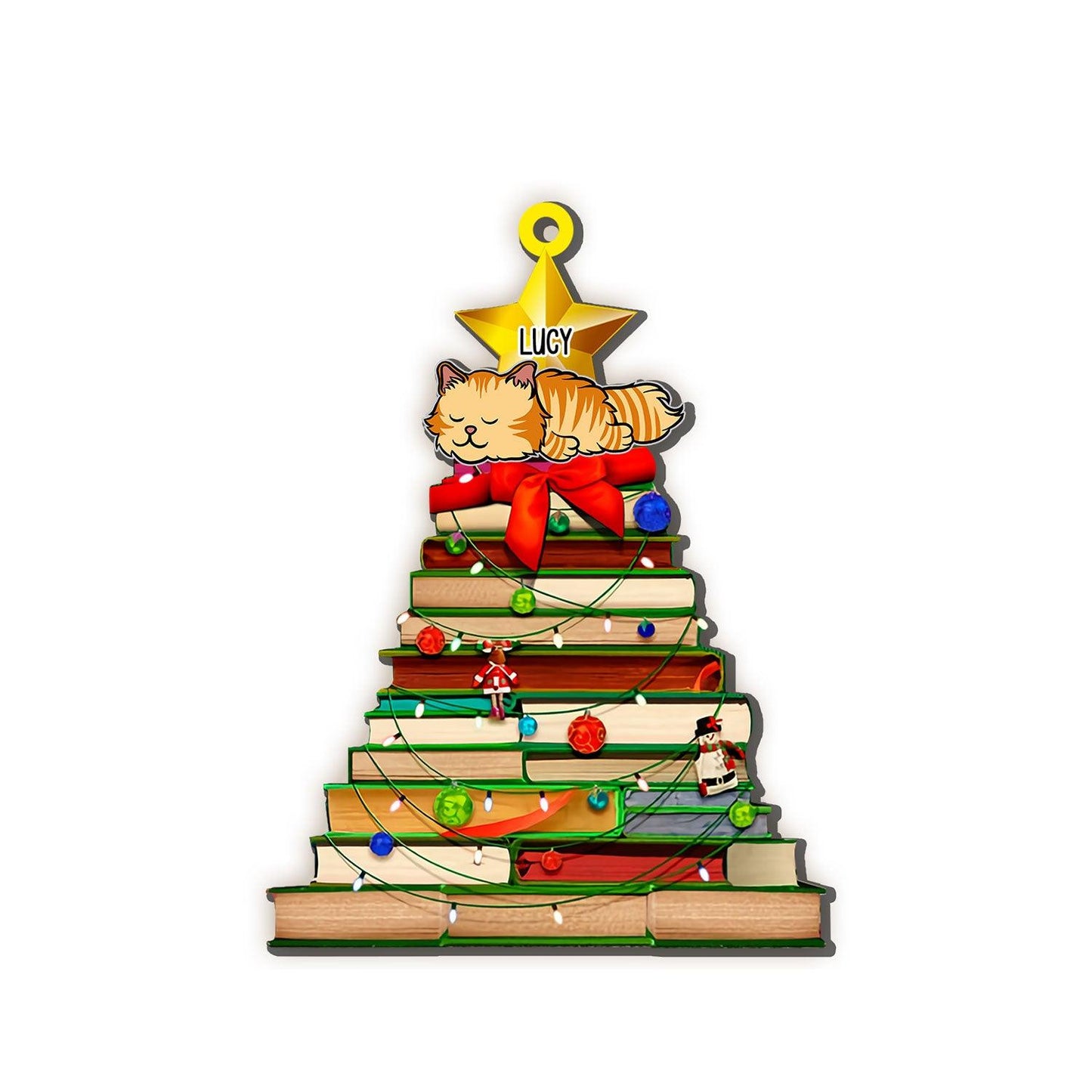 Cat And Book Tree Christmas Ornament - Custom Wood Ornament