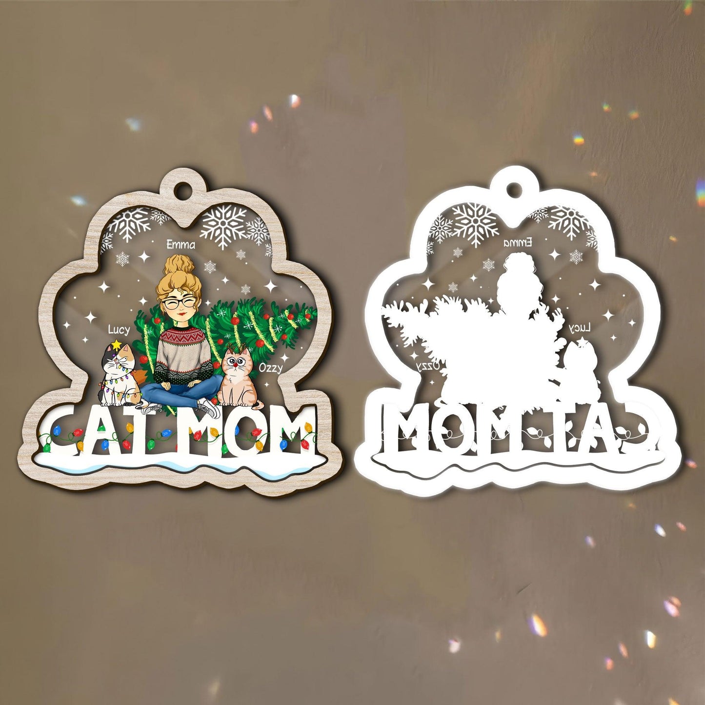 Cat Mom Christmas Ornament - Custom Shape Wood and Acrylic Ornament