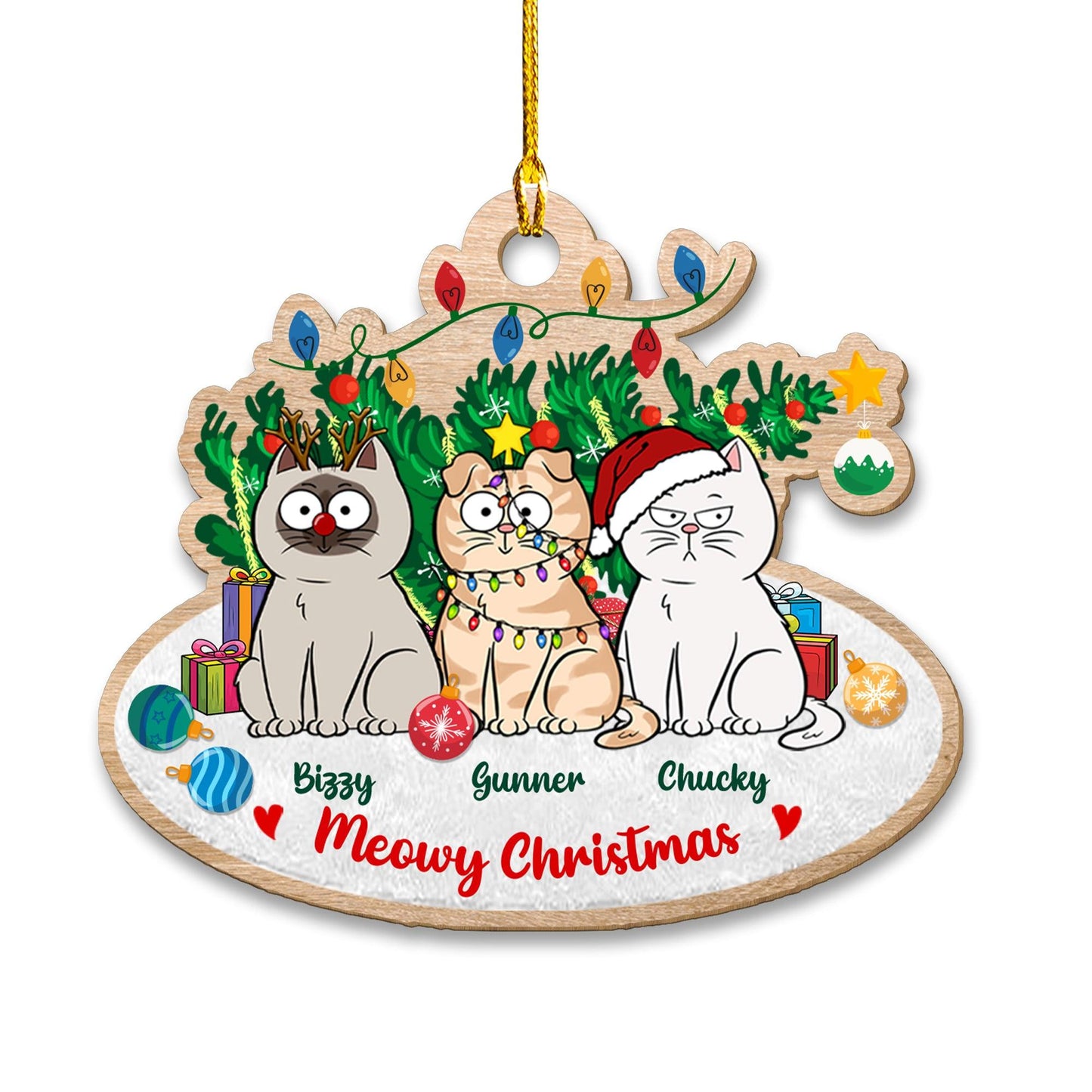 Cats With Tree Ornament - Custom Shape Wood Ornament Christmas