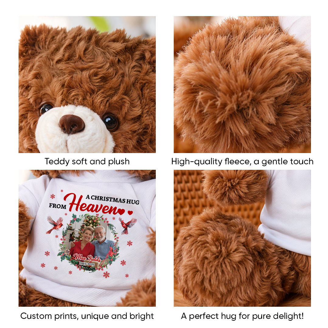 A Christmas Hug From Heaven Custom Photos - Memorial Teddy Bear With Personalized Photo Shirt