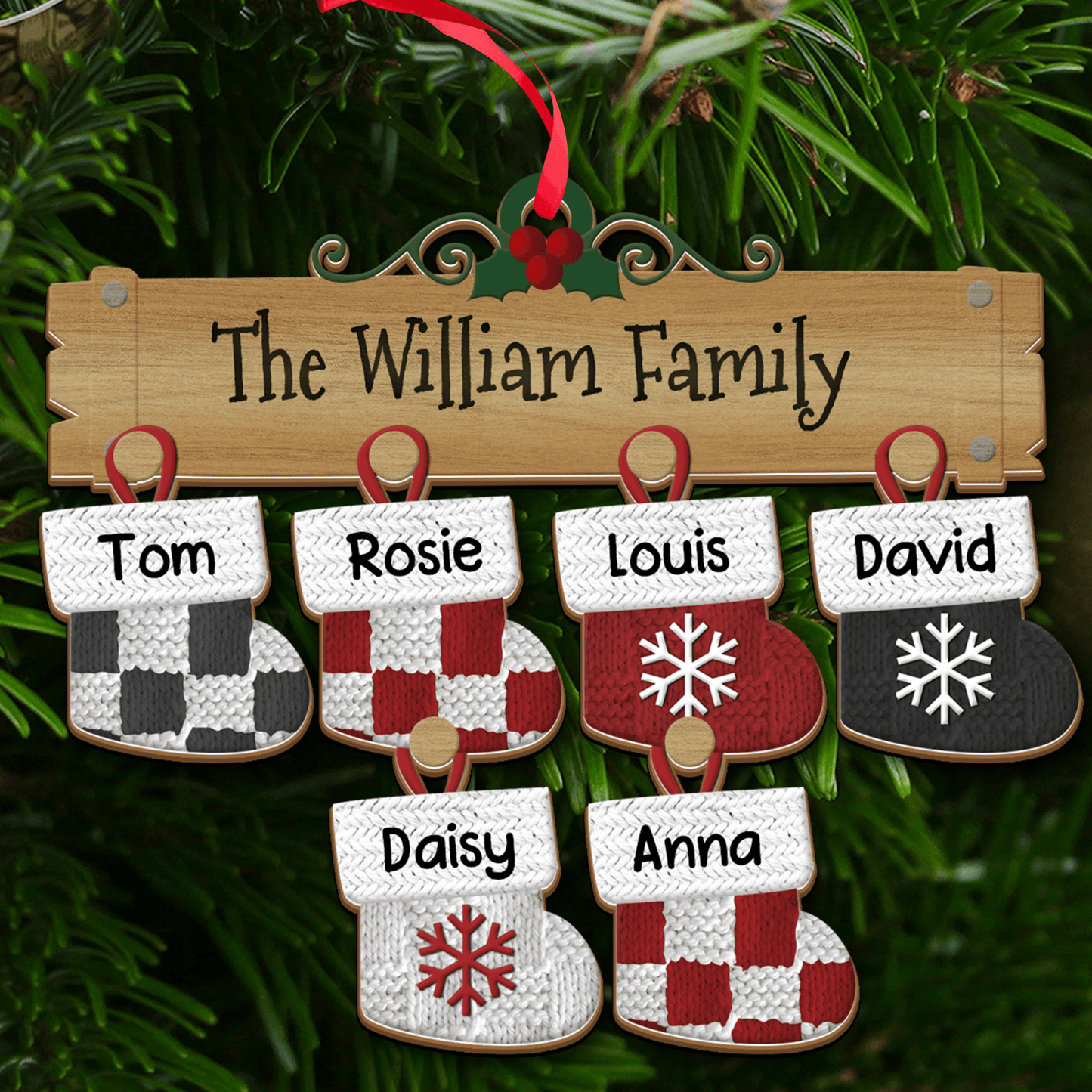 Family Christmas Stocks Ornament - Custom Shape Wood Ornament